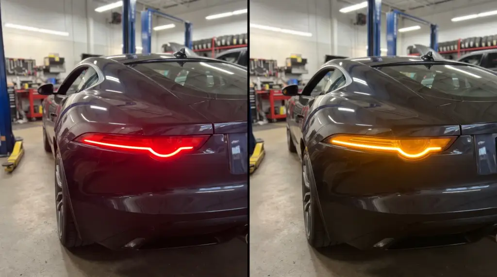 Jaguar F-Type – tylny kierunkowskaz przed konwersją (czerwony) i po (pomarańczowy)