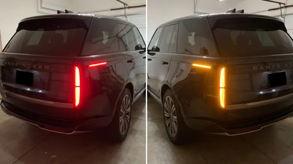 Range Rover – tylny kierunkowskaz przed konwersją (czerwony) i po (pomarańczowy)